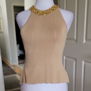 Elegant Tan Sleeveless Top with Gold Embellishments